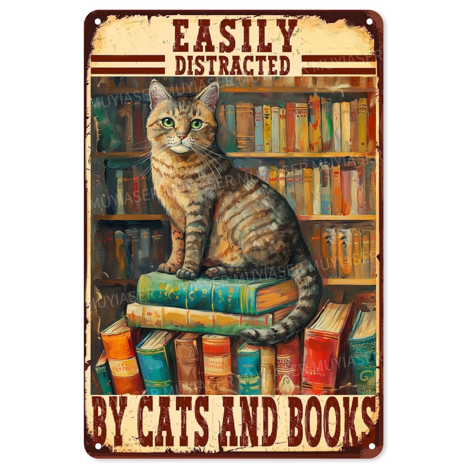 Metal Sign Easily Distracted By Cats & Garden Vintage Retro Aluminum Tin Sign for Garden, Kitchen, Office, Home, Bar, Cafe Decor 8x12 Inch