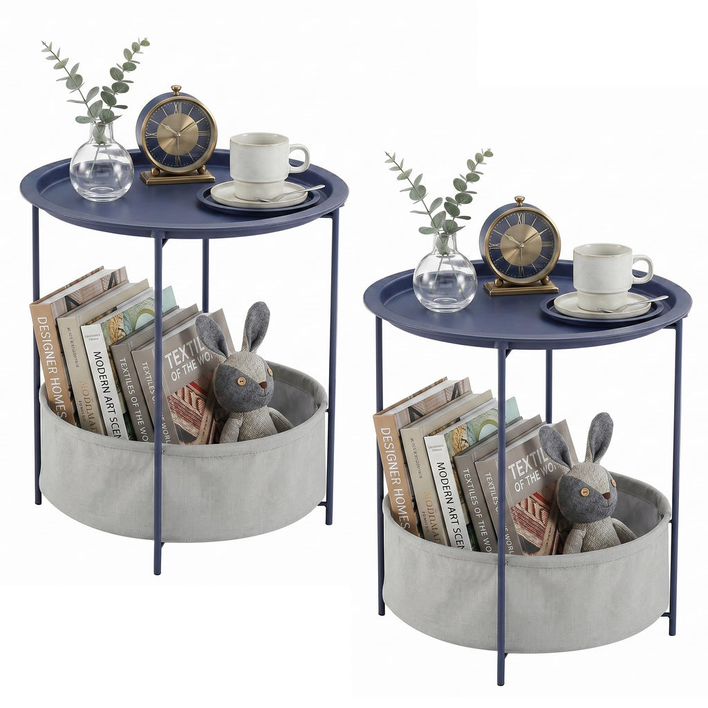 VECELO Side/End Table, Folding Round Metal Anti-Rust and Waterproof Outdoor or Indoor Tray for Living Room Bedroom Balcony and Office, 2 PCS, Dark Green