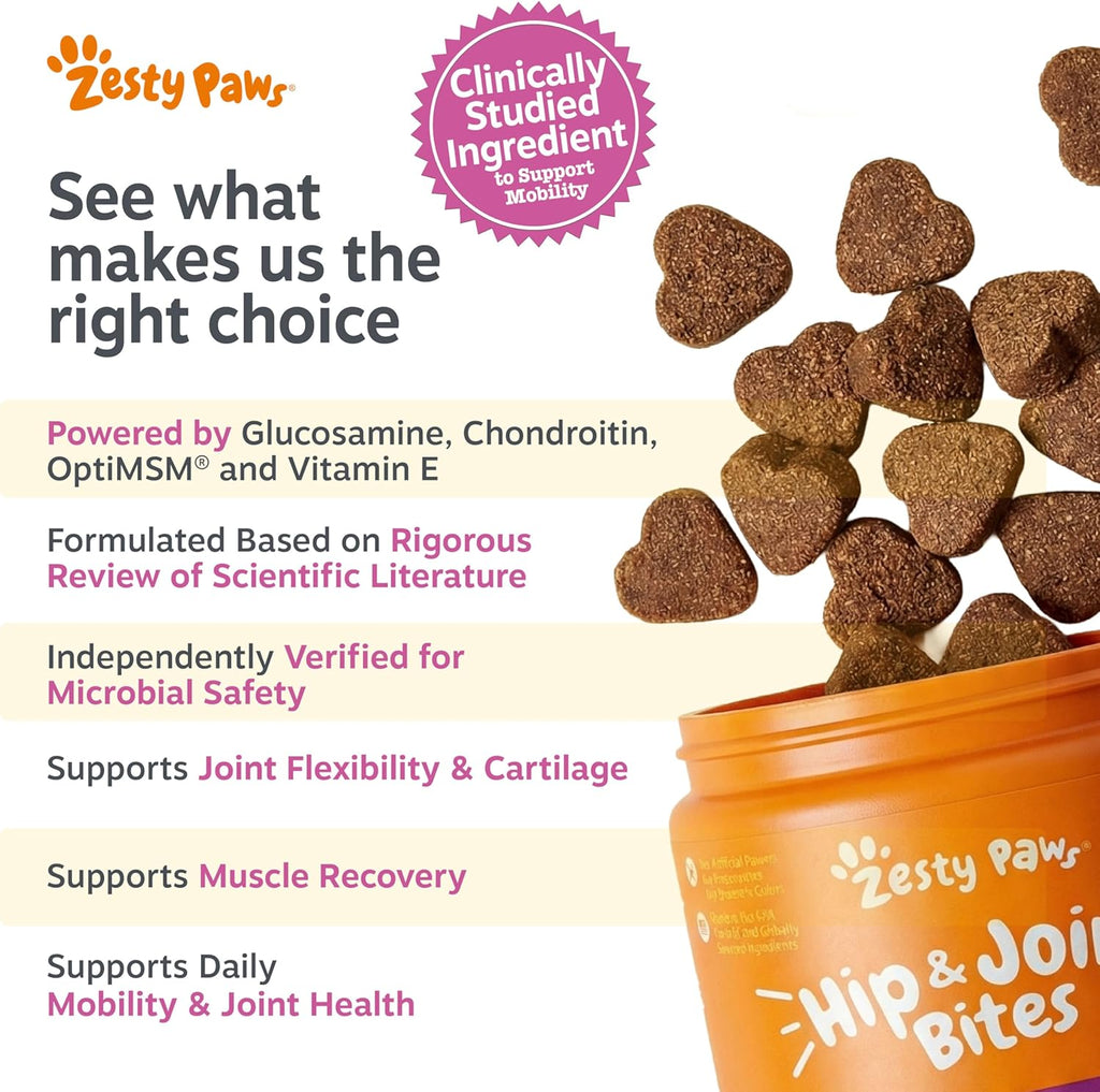Zesty Paws Hip and Joint for Dogs, Glucosamine for Dogs Hip and Joint Supplement with Chondroitin, MSM, Vitamins C & E - Bacon, 90 Count