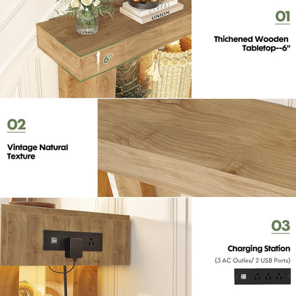 Unikito 47" Entryway Table with Socket and Sensor Light, Narrow Console Table with Storage Behind Couch, Farmhouse Entry Way Tables with Open Storage for Entrance/Hallway/Living Room, Natural Oak