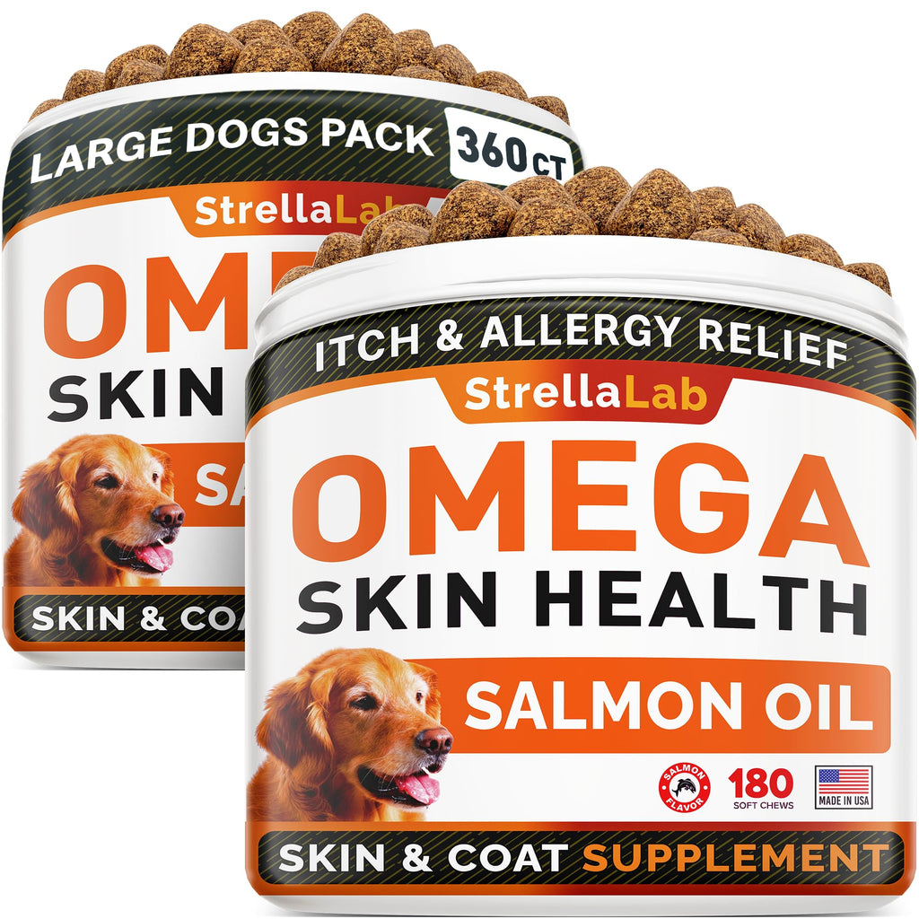 StrellaLab Omega 3 for Dogs - (180Ct) Fish Oil Treats - Allergy & Itch Relief Skin & Coat Supplement - Dry Itchy Skin, Anti Shedding & Hot Spots Treatment - Pet Salmon Oil Chews - Chicken Flavor