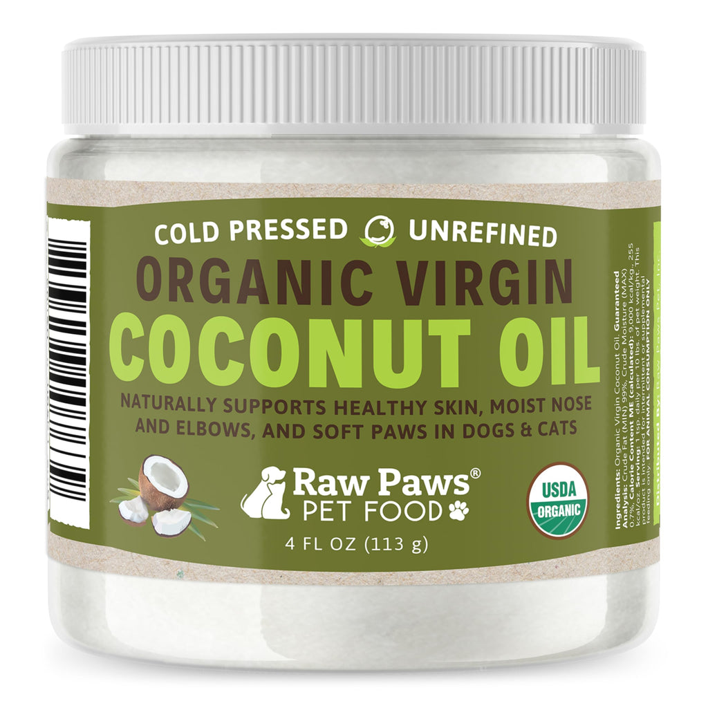 Raw Paws Virgin Organic Coconut Oil for Dogs & Cats (4-oz) - Skin & Coat | Dry Nose & Paw Balm - Itchy Skin Support - Hot Spot Care - Cat Hairball Support - Edible Pet Supplement