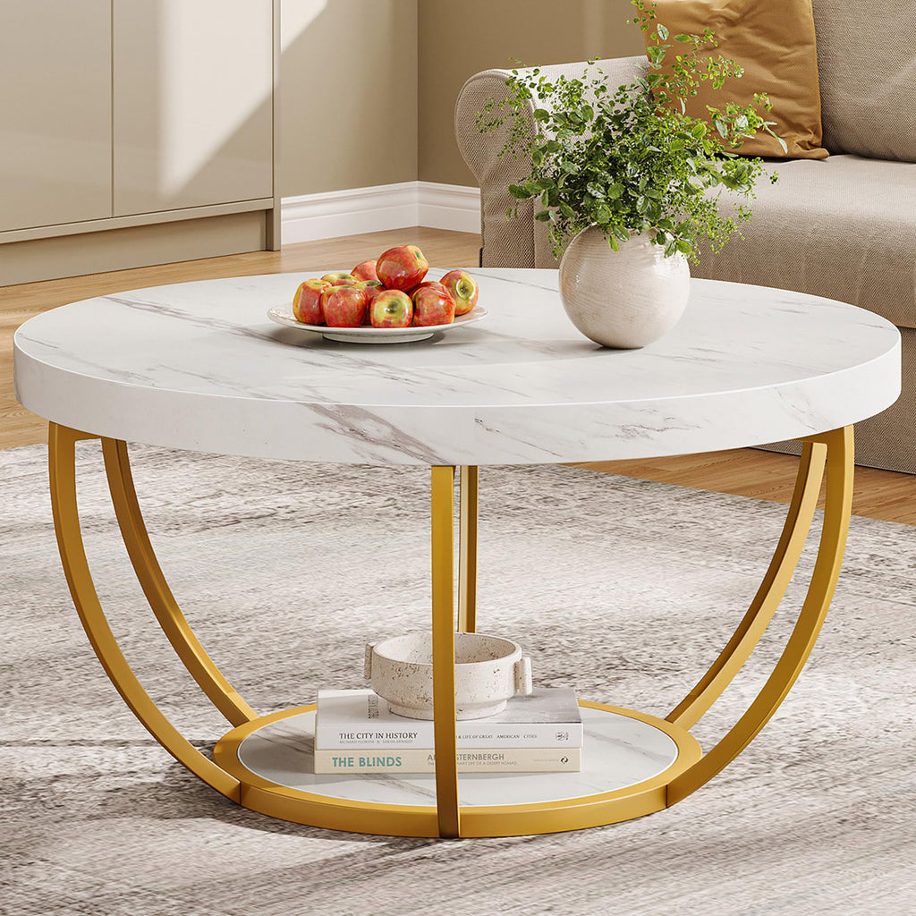 Tribesigns Modern Round Coffee Table, 2 Tier Coffee Table with Faux White Marble and Golden Metal Legs, Circle Center Table Tea Table Accent Furniture for Living Room, White and Gold