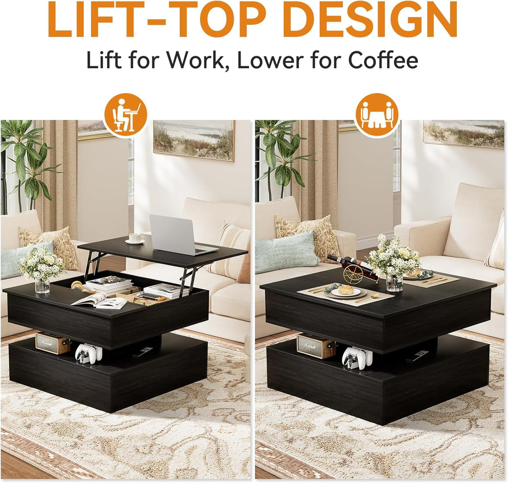 FABATO Lift Top Coffee Table with Storage and Hidden Compartment, Wood Square Coffee Table for Living Room,31.5'' Small Center Table with Open Display Shelf for Dining Reception Room, Black