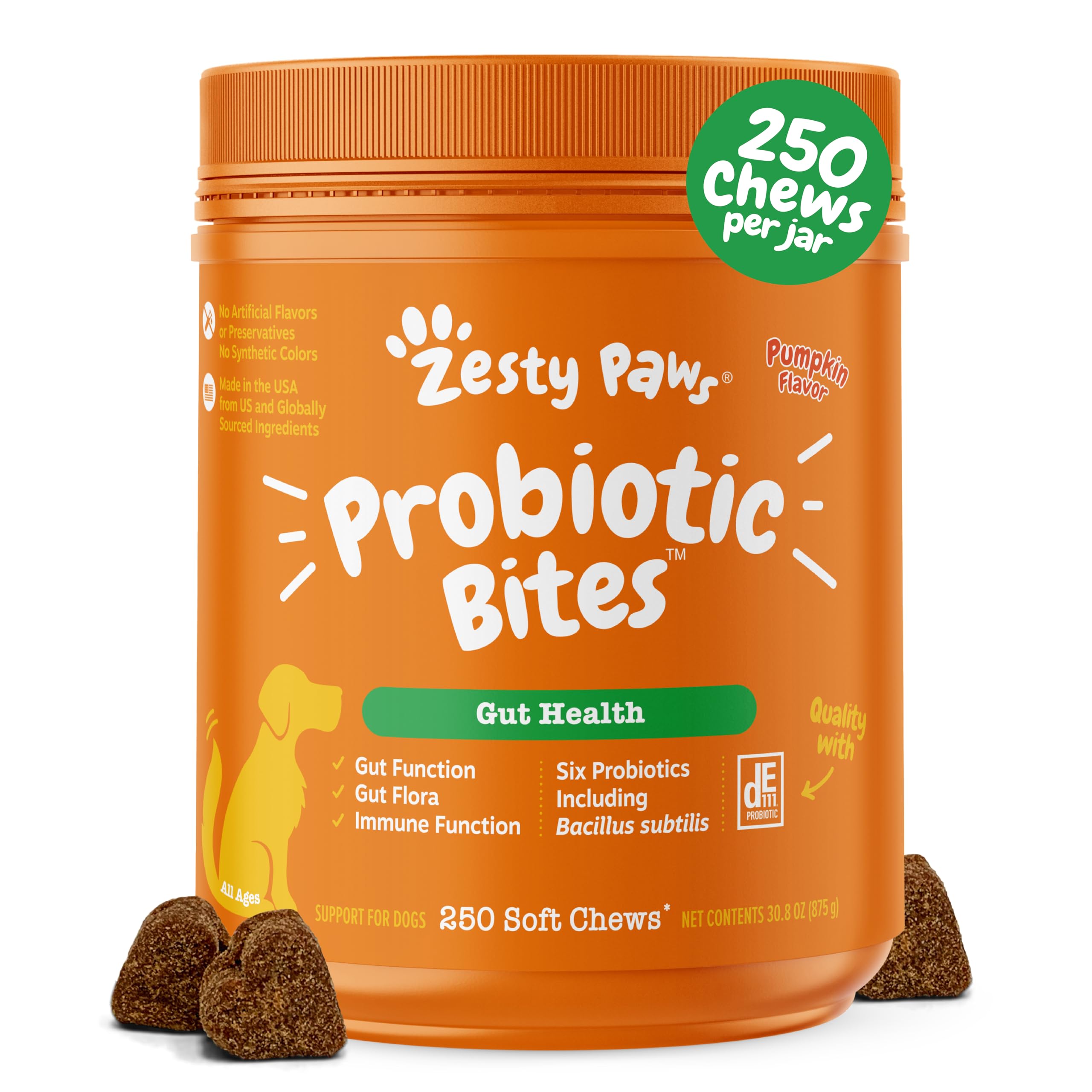 Zesty Paws Probiotics for Dogs - Digestive Enzymes for Gut Flora, Digestive Health, Diarrhea & Bowel Support - Clinically Studied DE111 - Dog Supplement Soft Chew for Pet Immune System - Pumpkin, 90ct