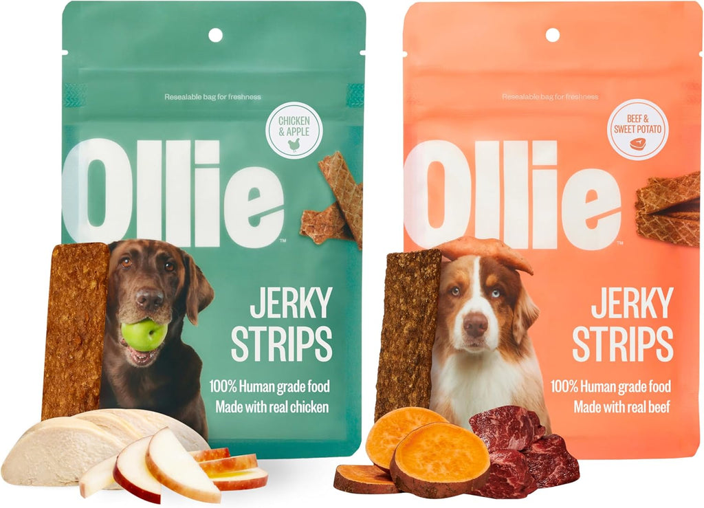 Ollie Jerky Dog Treats Variety Pack, Chicken and Apple and Beef and Sweet Potato Bundle, All Natural, Healthy, Made with Real Meat 5 Oz. Pack of 2