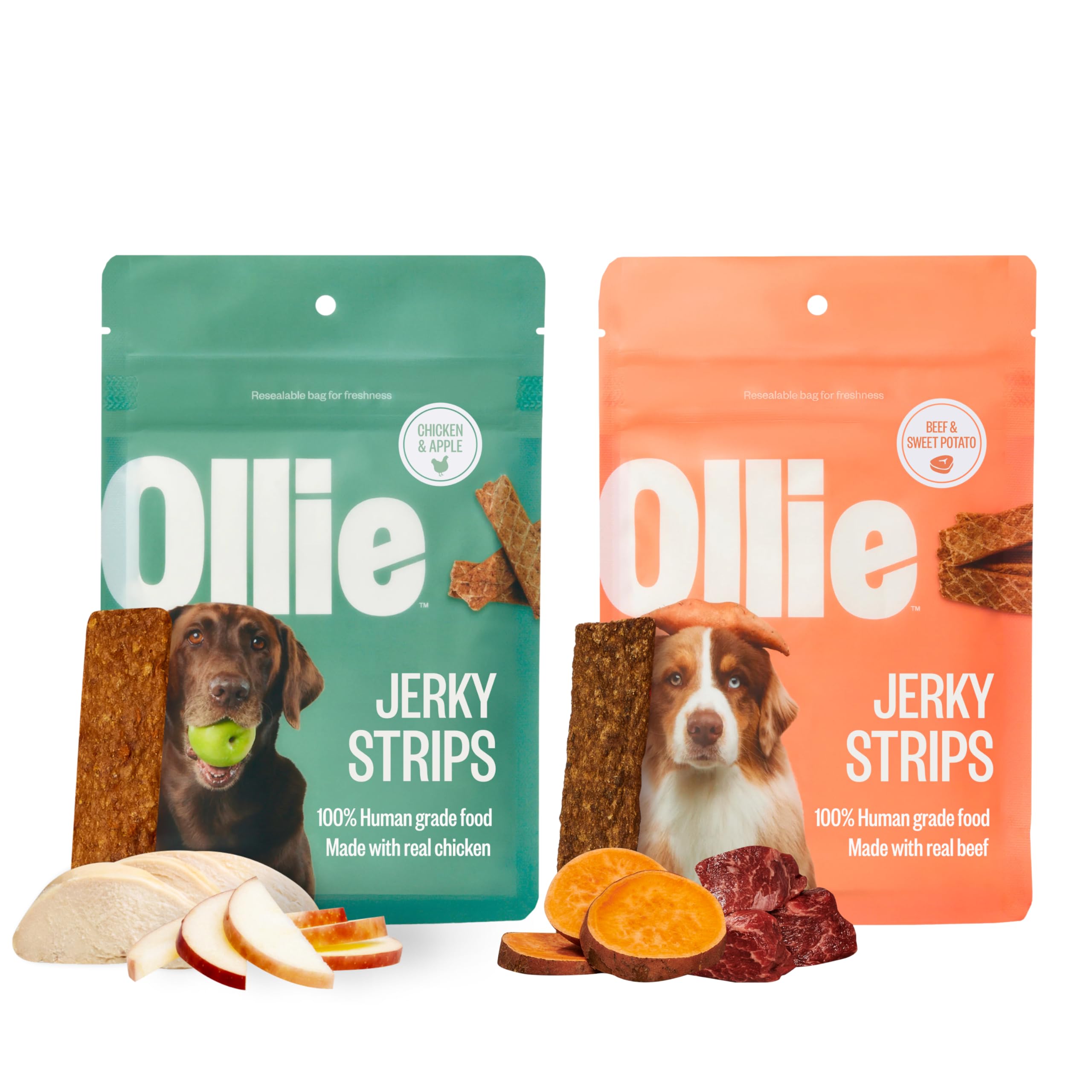 Ollie Jerky Dog Treats Variety Pack, Chicken and Apple and Beef and Sweet Potato Bundle, All Natural, Healthy, Made with Real Meat 5 Oz. Pack of 2