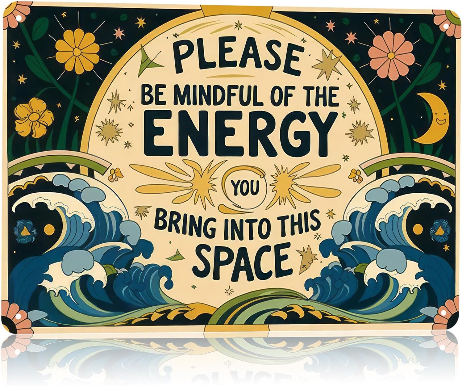 Vintage Tin Signs Metal Retro Wall Art Decor - Please Be Mindful of the Energy You Bring Into This Space, Positive Energy Metal Signs for Home Yoga Cafes, Spiritual Sign Boho Art Aesthetic 8x12 Inch