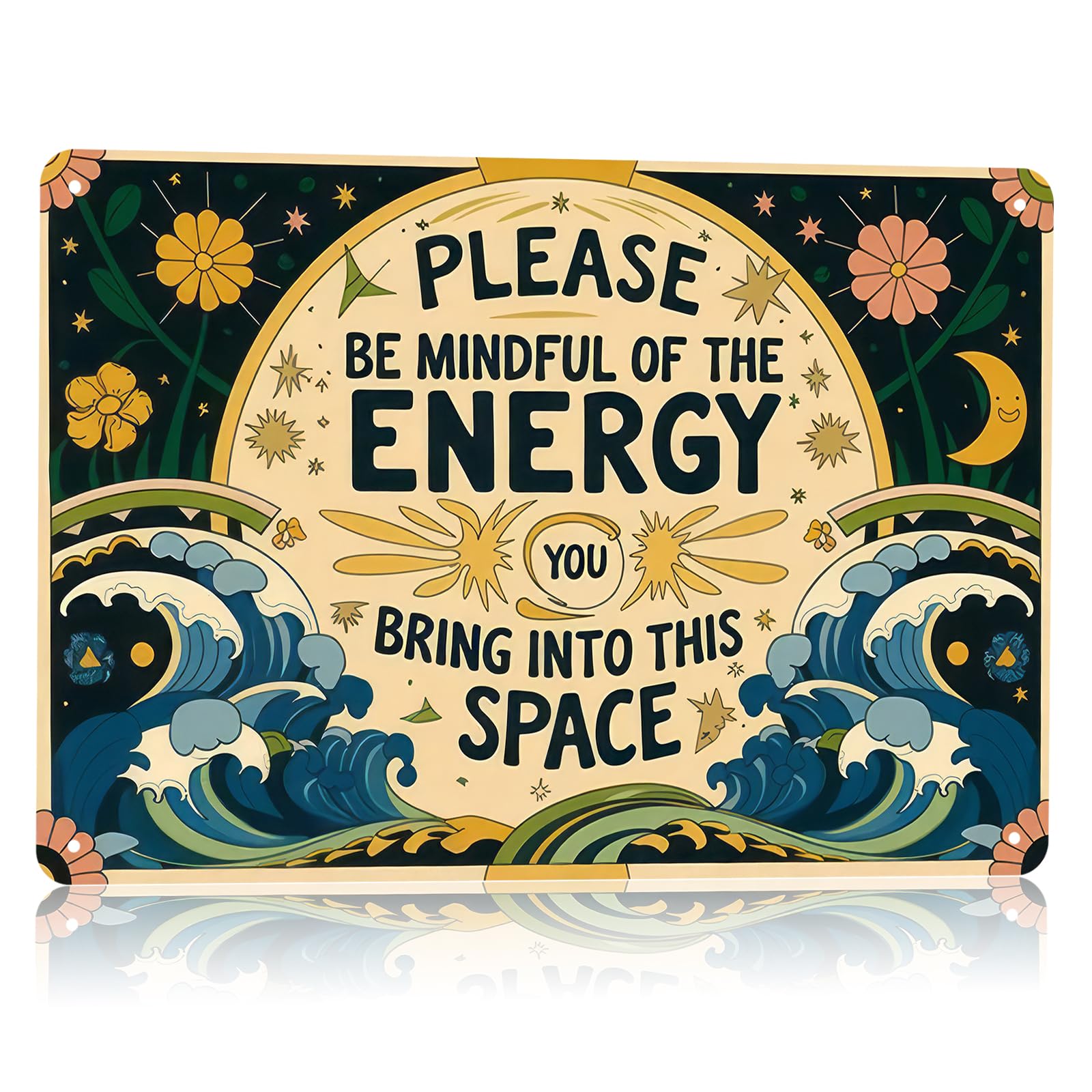 Vintage Tin Signs Metal Retro Wall Art Decor - Please Be Mindful of the Energy You Bring Into This Space, Positive Energy Metal Signs for Home Yoga Cafes, Spiritual Sign Boho Art Aesthetic 8x12 Inch