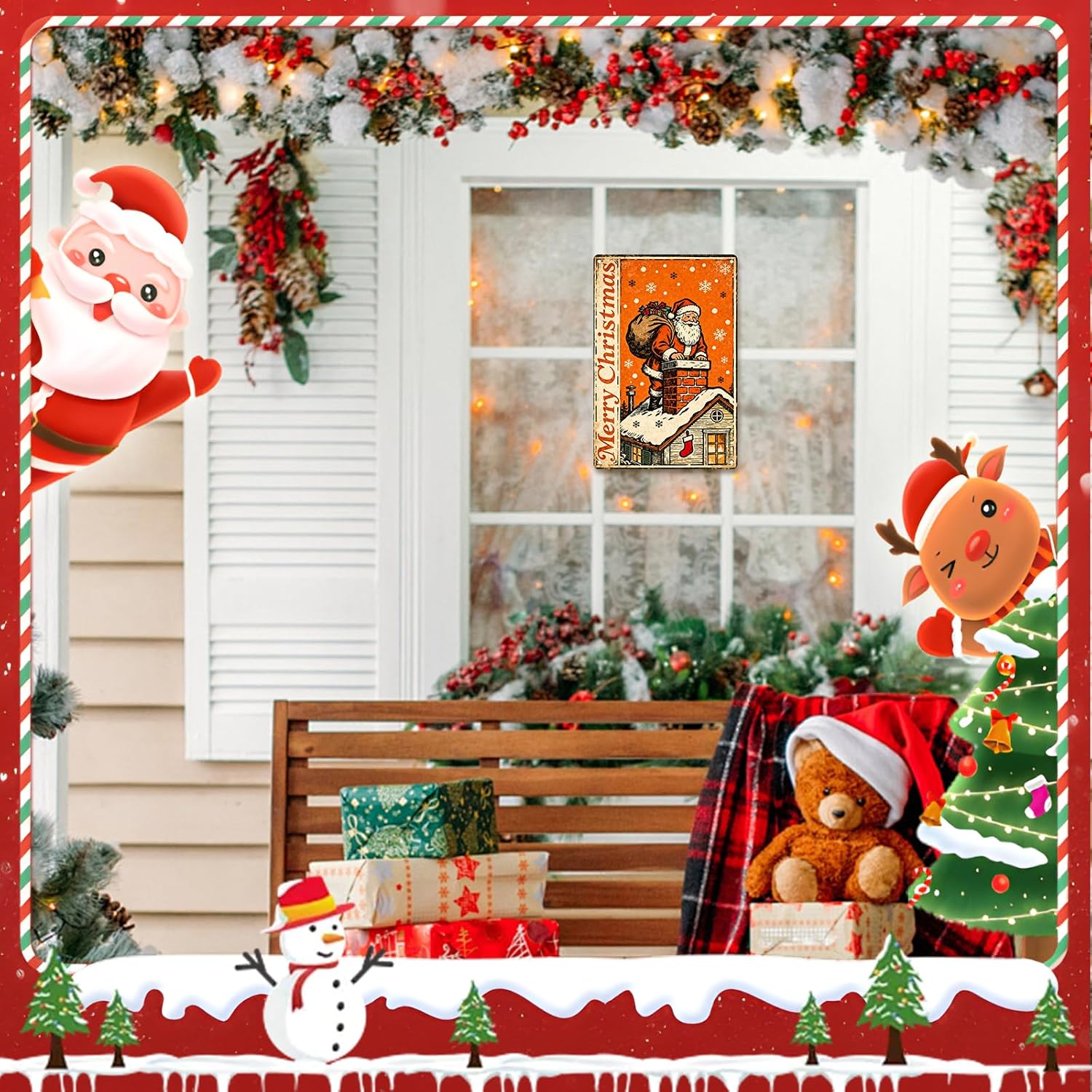 Christmas Decorations Metal Tin Sign For Indoor Outdoor 12x8 In Santa Climbing Chimney Sign With Snowflake & Stocking Man Cave Decor For Yard, Garage Wall, Rustic Vintage Bar Club Xmas Decoration.