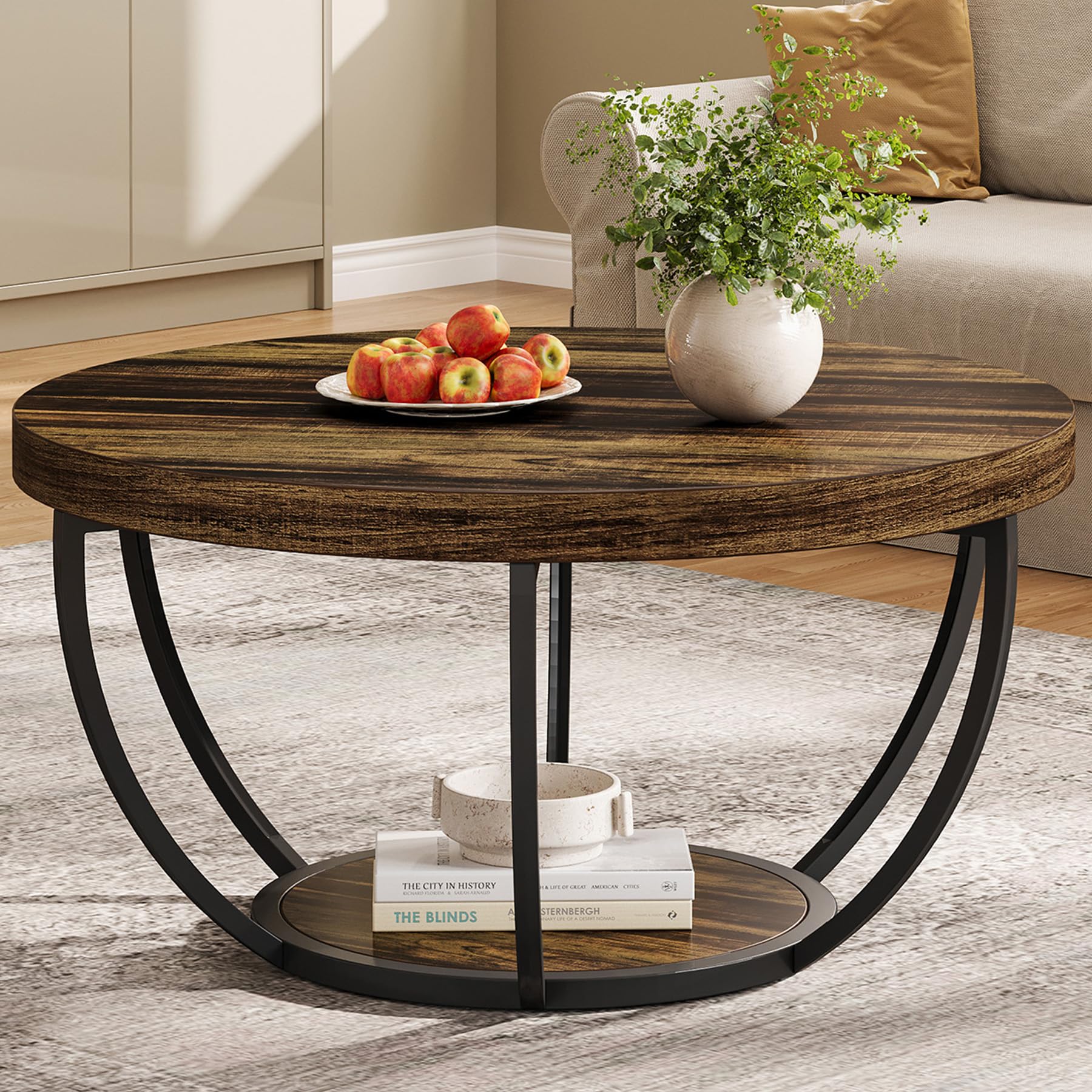 Tribesigns Modern Round Coffee Table, 2 Tier Coffee Table with Faux White Marble and Golden Metal Legs, Circle Center Table Tea Table Accent Furniture for Living Room, White and Gold