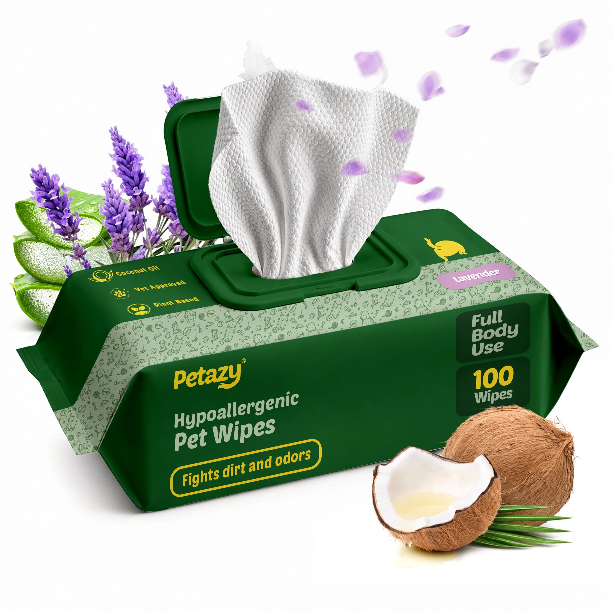 Petazy Pet Wipes for Dogs and Cats – 400 Count (8x8in) Hypoallergenic, Deodorizing Dog Wipes for Paws, Ears and Butt | XL with Aloe & Coconut Oil, Lavender Scented | Includes 4 Grooming Glove Wipes