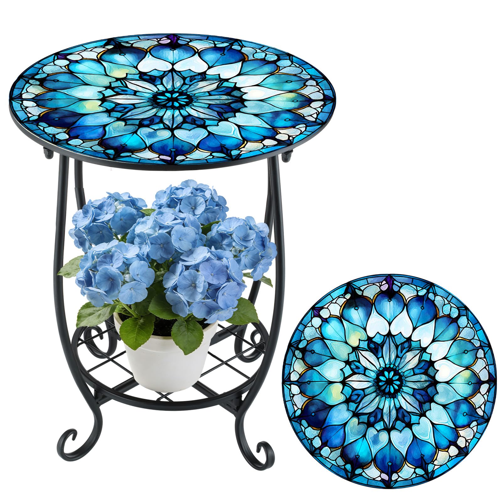 Cinnvoice Outdoor Side Table Round Small Mosaic Patio Accent Indoor End Plant Coffee Tea Table for Yard Patio Porch Garden Living Room, Bedroom(Butterfly Style,14 Inch)