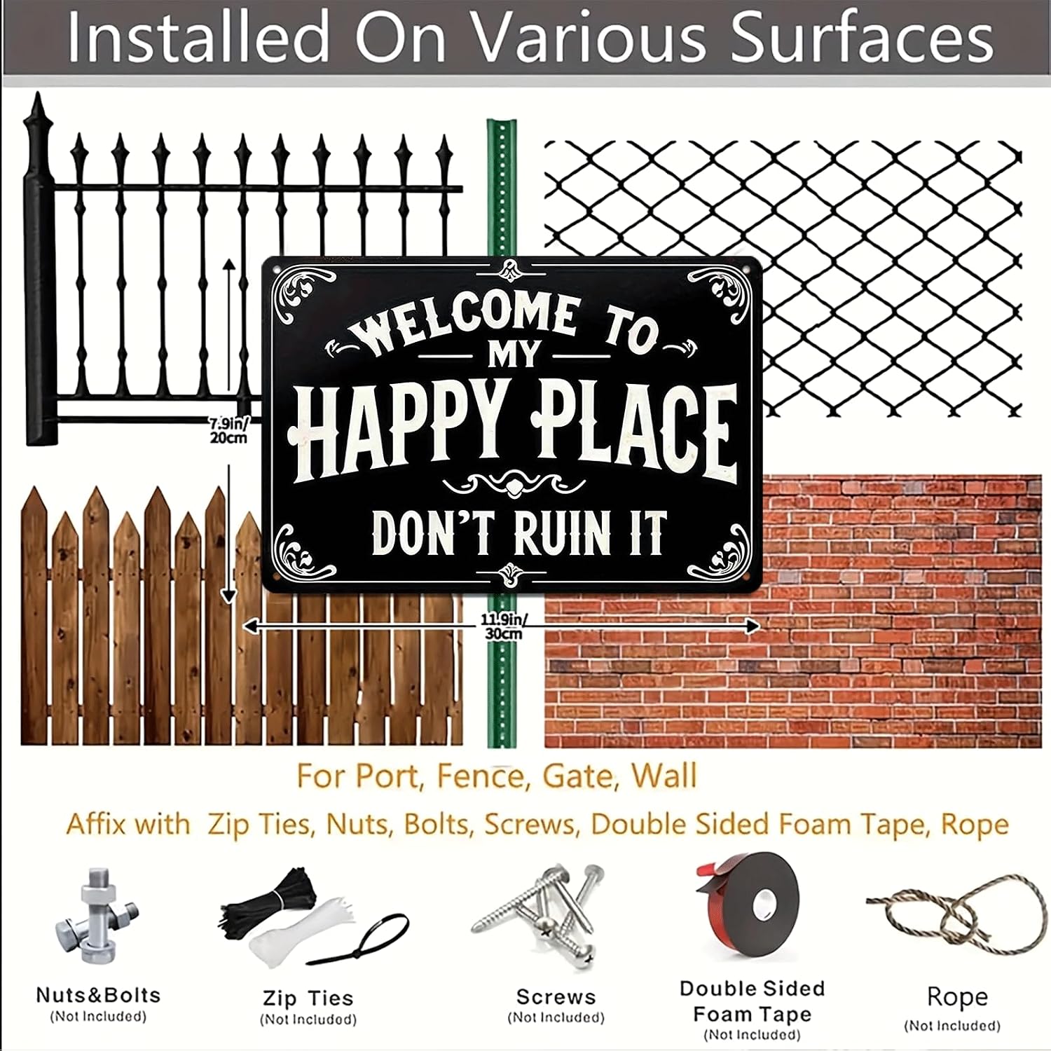Funny Welcome To My Happy Place Metal Tin Sign, Vintage Rustic Wall Art Decor for Home Bedroom Porch Garden Farmhouse Decoration, 8 x 12 Inch
