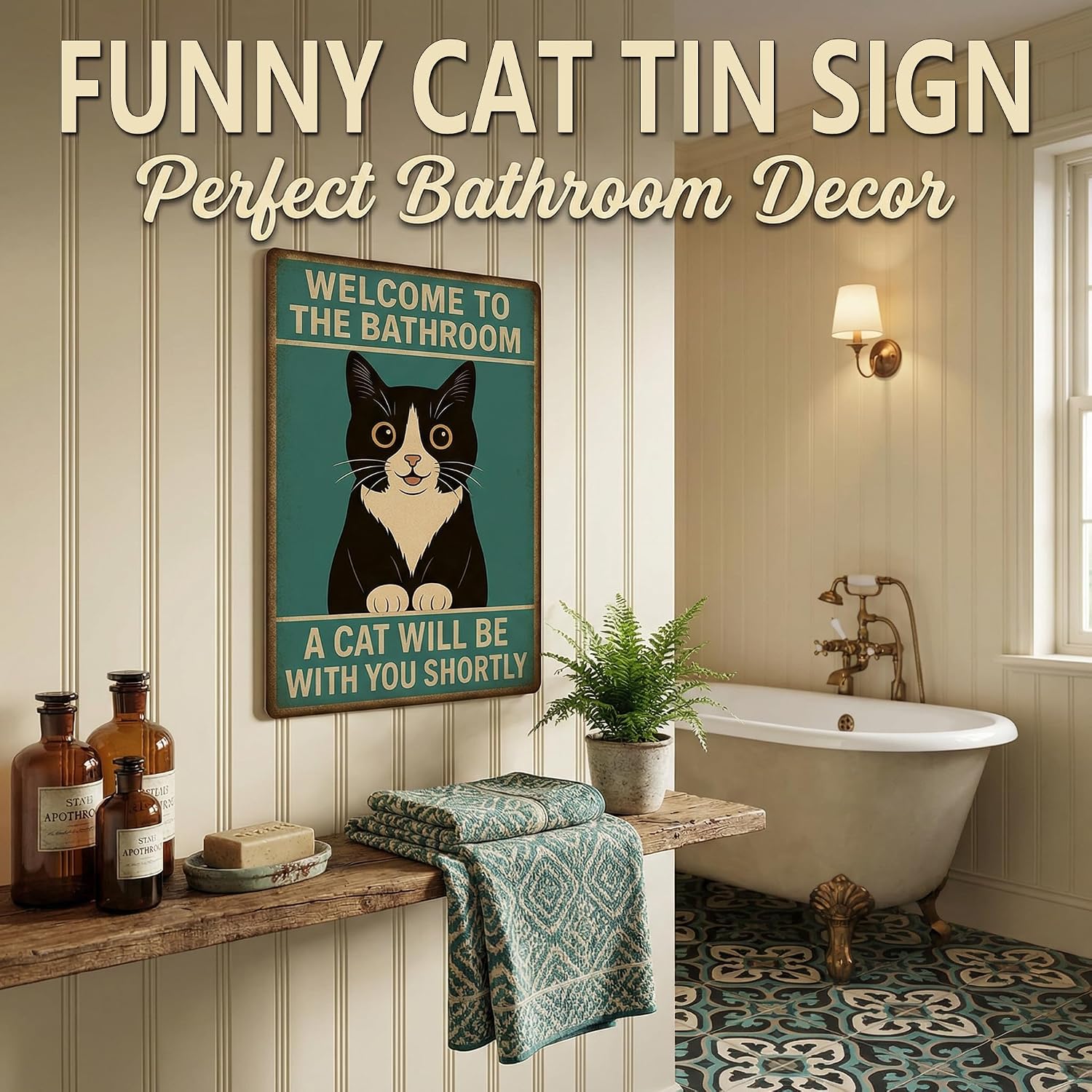 Funnysign Cat Lovers Gifts Welcome To The Bathroom A Cat Will Be with You Tin Sign for Bathroom Toilet Decor 8 X 12 Inch(9826)