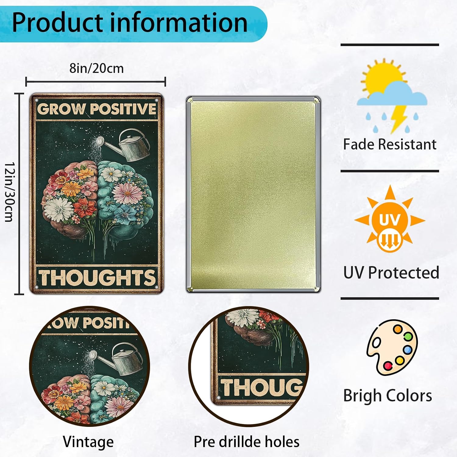 KIYOYO Vintage Tin Metal Sign Poster Grow Positive Thoughts Vintage Poster Flower Head Girl Poster Mental Health Poster Motivational Poster Emotions Poster Vintage Wall Home Decor 8x12 Inch