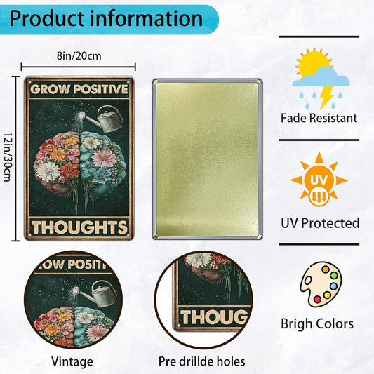 KIYOYO Vintage Tin Metal Sign Poster Grow Positive Thoughts Vintage Poster Flower Head Girl Poster Mental Health Poster Motivational Poster Emotions Poster Vintage Wall Home Decor 8x12 Inch