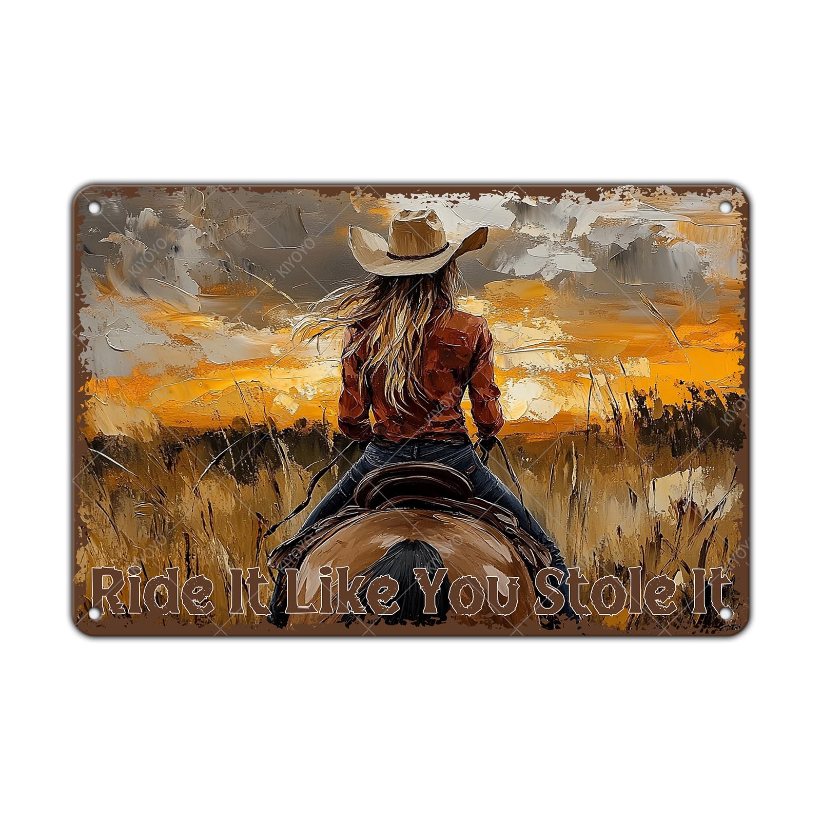 Vintage Metal Tin Sign You Don't Stop Riding When You Get Old Retro Wall Art Decor Woman Riding Horse Under Moon 12x8 Inch