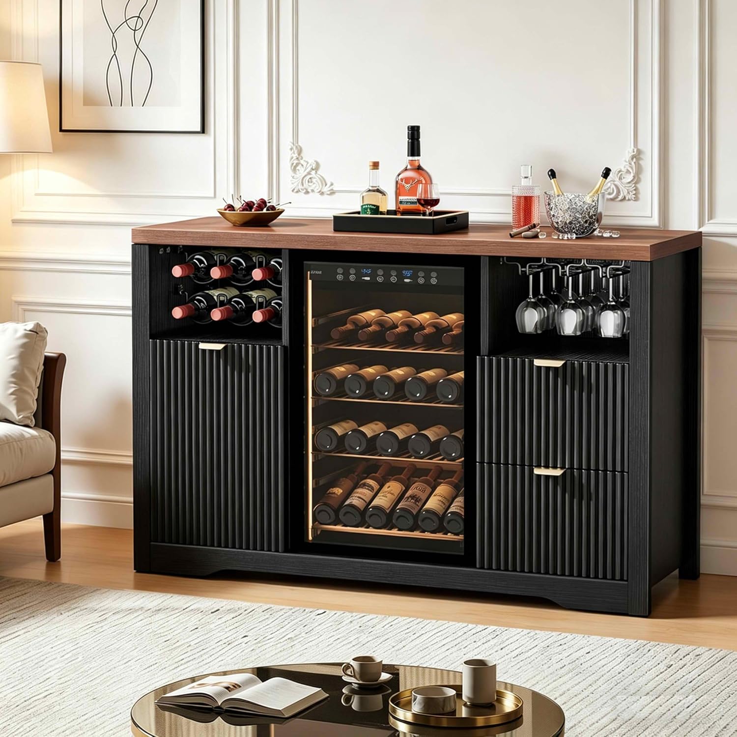 Coffee Bar Cabinet with Fridge Space, 53" L Wine Cabinets with Storage Drawer, Wood Buffet Sideboard Table, Fluted Liquor Cabinet with Wine Rack for Home, Living Room,20"D x 53.1"W x 39.4"H-Black
