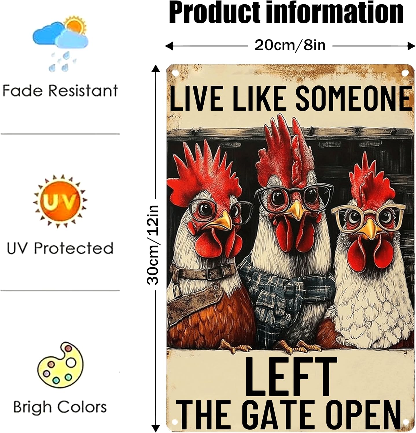 Vintage Metal Chicken Signs-Funny Chicken Decor Sign Live Like Someone Left The Gate Open Tin Sign for Home Chicken Coop Farm Fence Kitchen Bathroom Bedroom Wall Decor 8x12 Inches