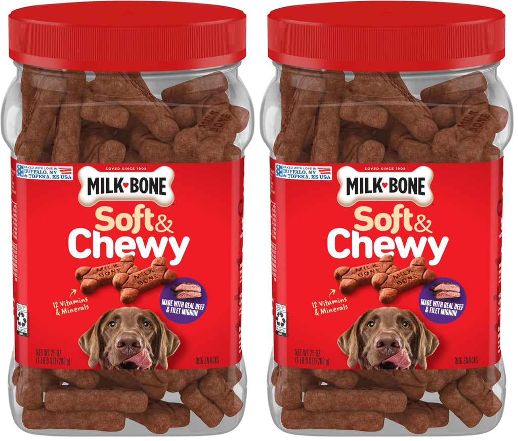 Milk-Bone Soft & Chewy Dog Treats, Made with Real Beef & Filet Mignon, 25 Ounce Canister