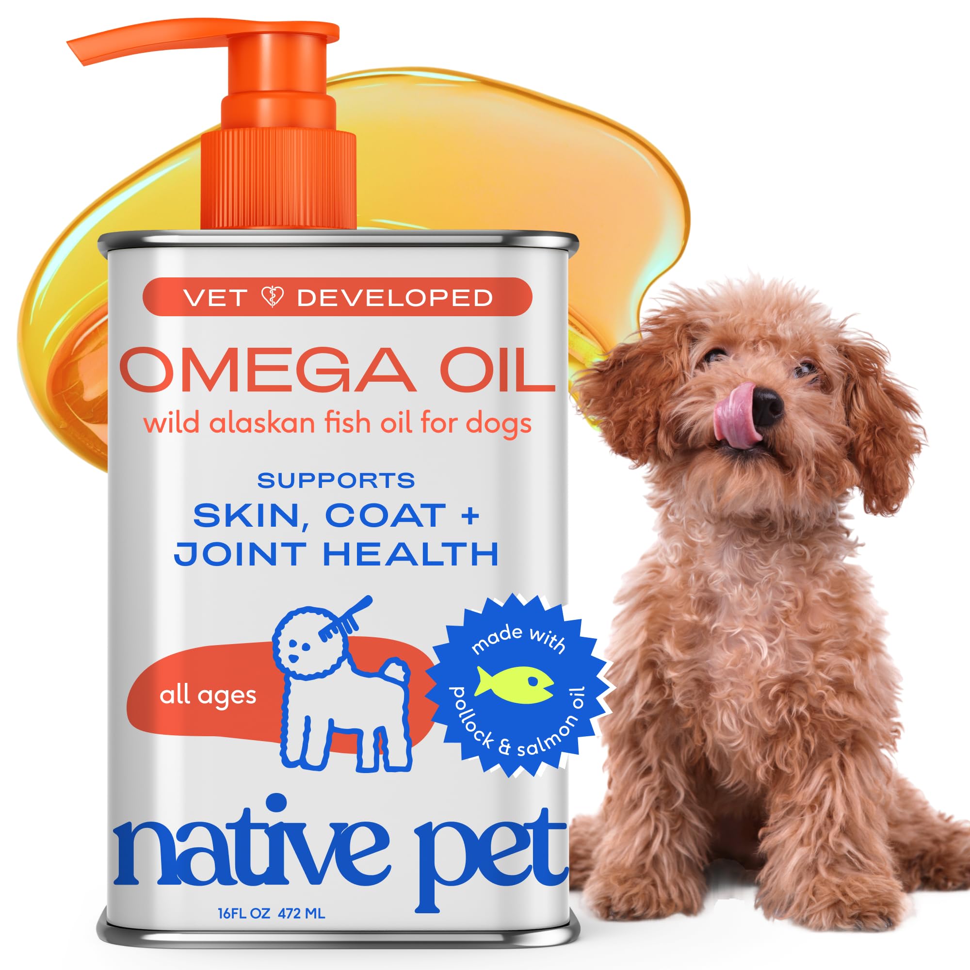 Native Pet Omega 3 Fish Oil for Dogs & Cats – Wild Alaskan Salmon Oil for Dogs Skin and Coat, Supports Joints, Heart & Shedding – Fast-Absorbing Omega 3 6 9 Liquid Supplement – 8oz