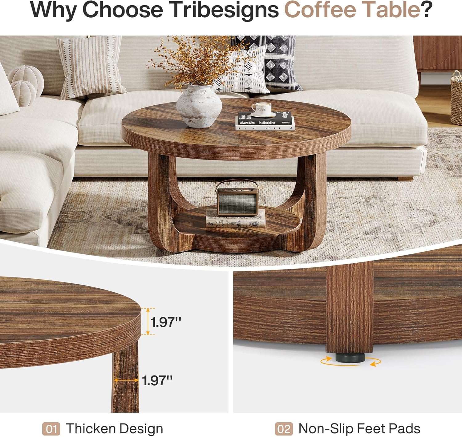 Tribesigns Round Coffee Table, 2-Tier Circle Coffee Table with Storage, Modern Wooden Accent Center Table for Living Room, Thick Tabletop & Base, Dark Brown