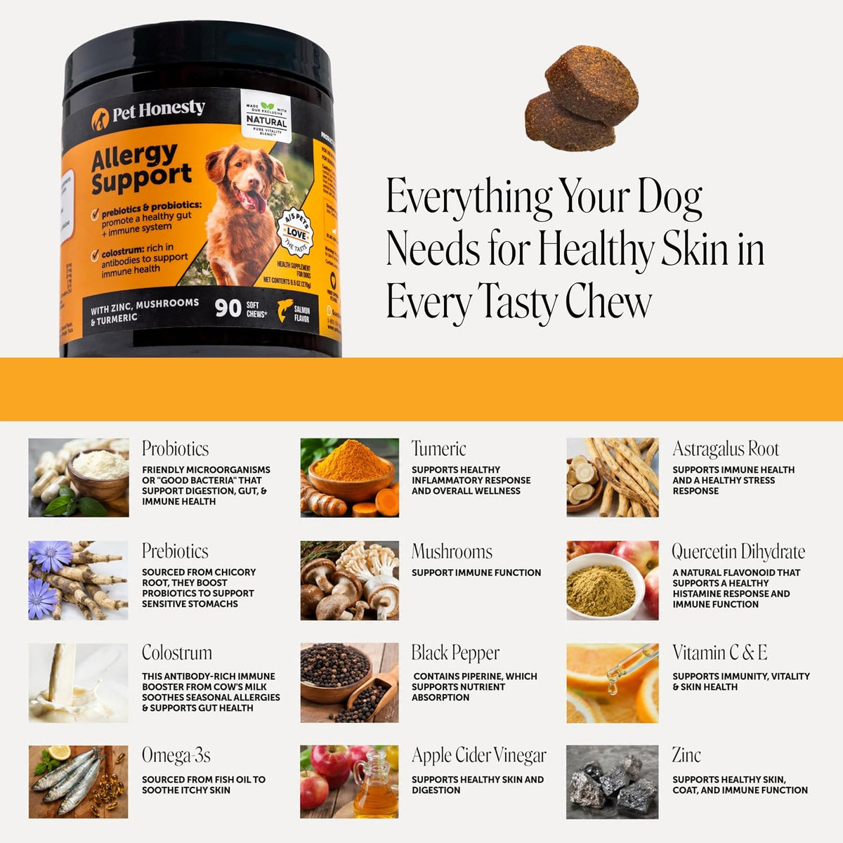 Dog Allergy Relief Immunity Chews - Paw Licking, Itching & Seasonal Allergies - with Colostrum, Probiotics, Turmeric & Salmon Oil - Vet Recommended Anti-Itch Supplement for Dogs (Salmon, 90 Ct)