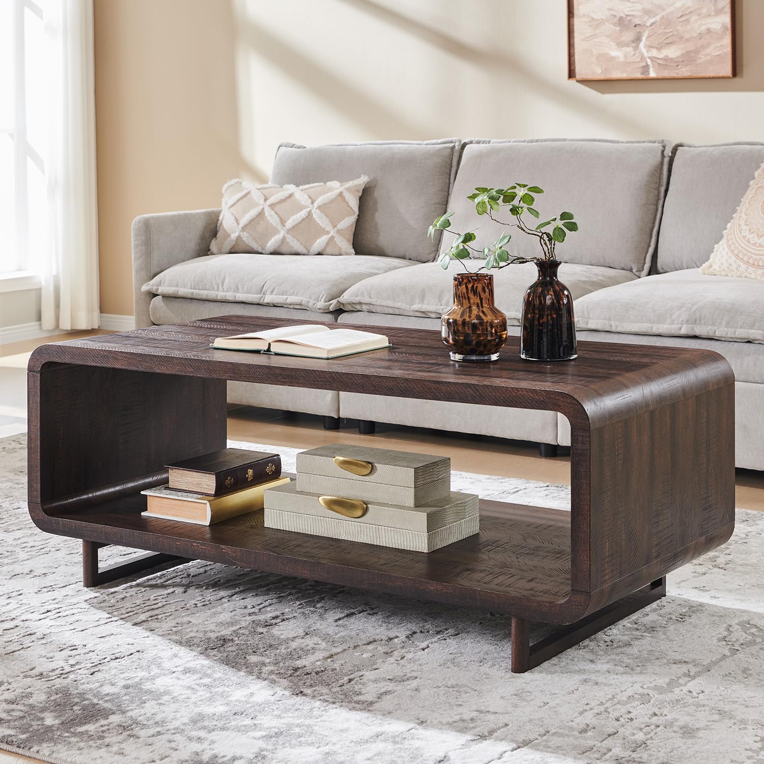 IFGET 48" Modern Coffee Table, 2-Tier Minimalist Center Table with Storage Shelf, Curved Profile Design, Wooden Rectangular Living Room Table w/Wood Thick Design for Living Room, Office, Natural Oak
