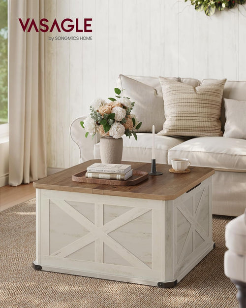 VASAGLE LIRY Collection - Farmhouse Coffee Table with Storage, Square Coffee Table for Living Room, Center Table with Flip-Top Lids, Honey Brown and Rustic White ULCT232W73