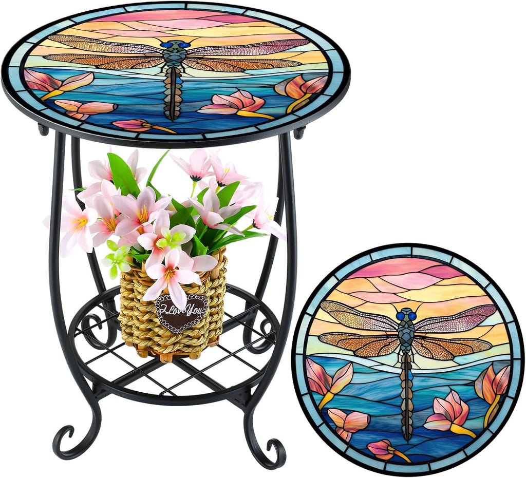 Cinnvoice Outdoor Side Table Round Small Mosaic Patio Accent Indoor End Plant Coffee Tea Table for Yard Patio Porch Garden Living Room, Bedroom(Butterfly Style,14 Inch)