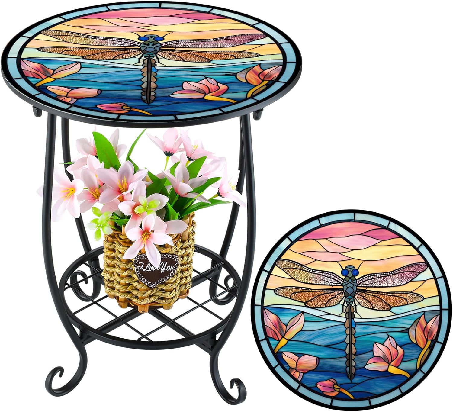 Cinnvoice Outdoor Side Table Round Small Mosaic Patio Accent Indoor End Plant Coffee Tea Table for Yard Patio Porch Garden Living Room, Bedroom(Butterfly Style,14 Inch)
