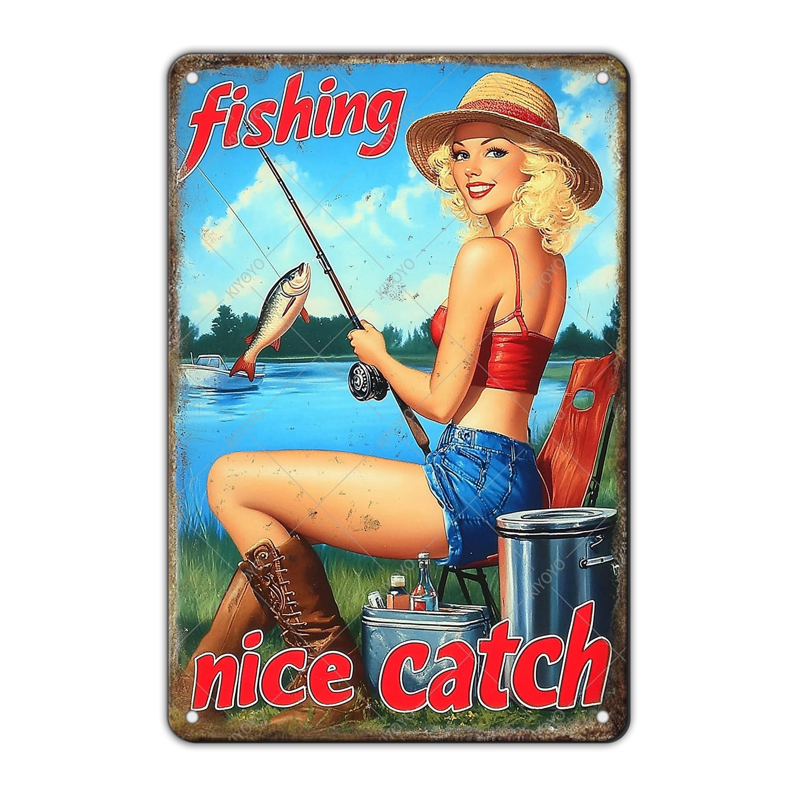 50s Pin up Girl Fishing Metal Tin Sign Open Fly Season Wall Decor Home Angler Cafes Lake House Seascape 12x8 Inch