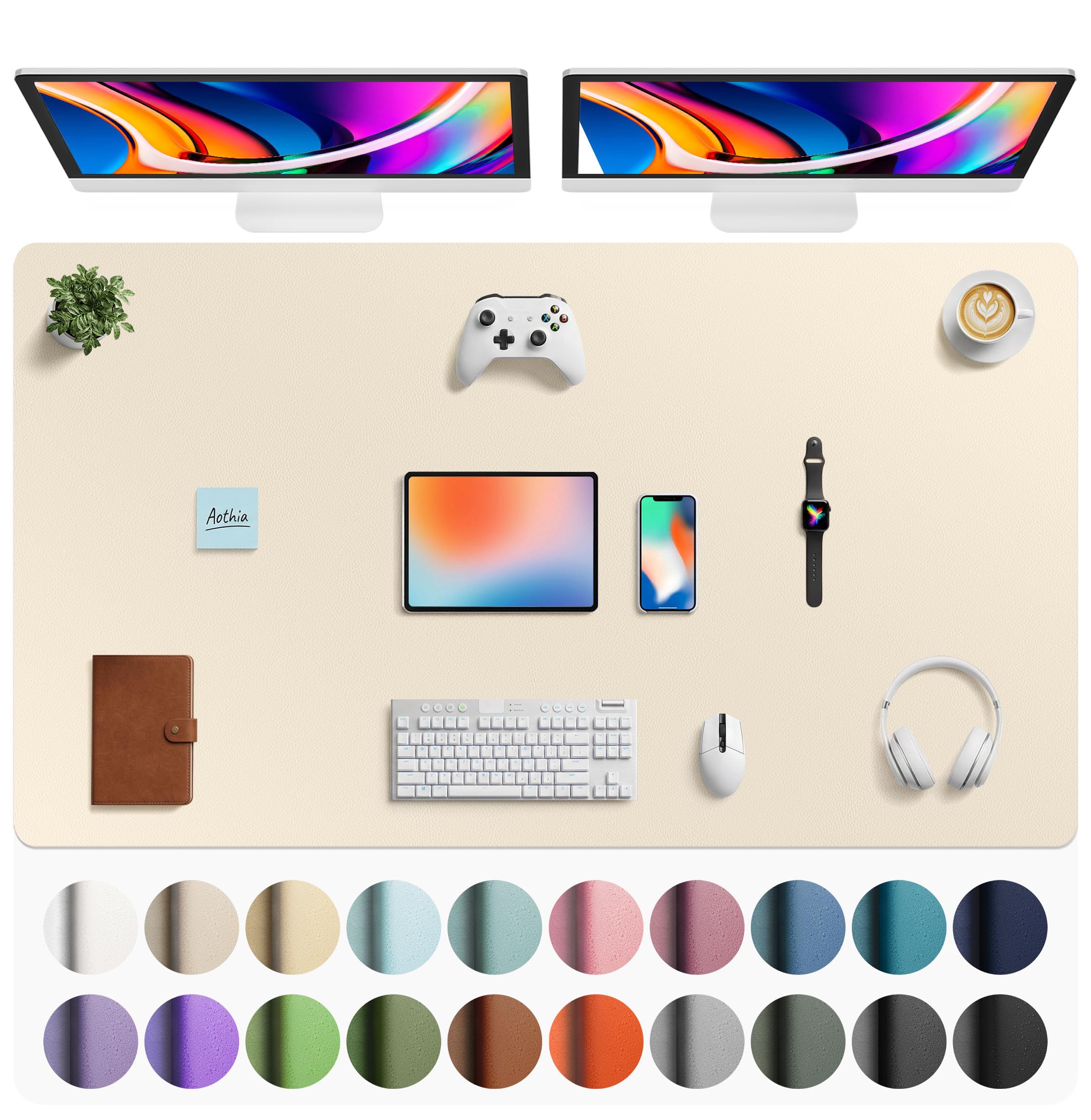Aothia Non-Slip Waterproof PU Leather Desk Pad Protector for Mouse, Writing Desk, Office, Home, Laptop Blotter, 23.6" x 13.7", Black