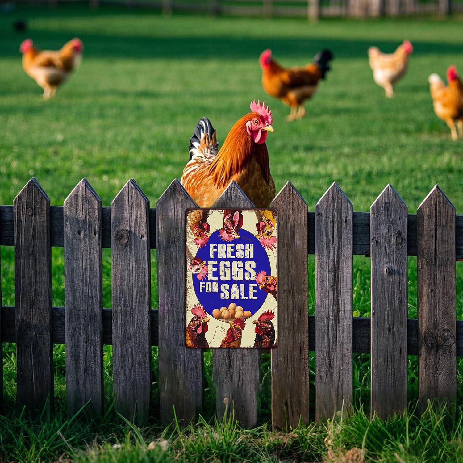 Vintage Fresh Eggs & Chicken Metal Sign Rustic Farm Eggs For Sale Tin Poster Home Kitchen Farmhouse Chicken Wall Decor 12x8 Inch