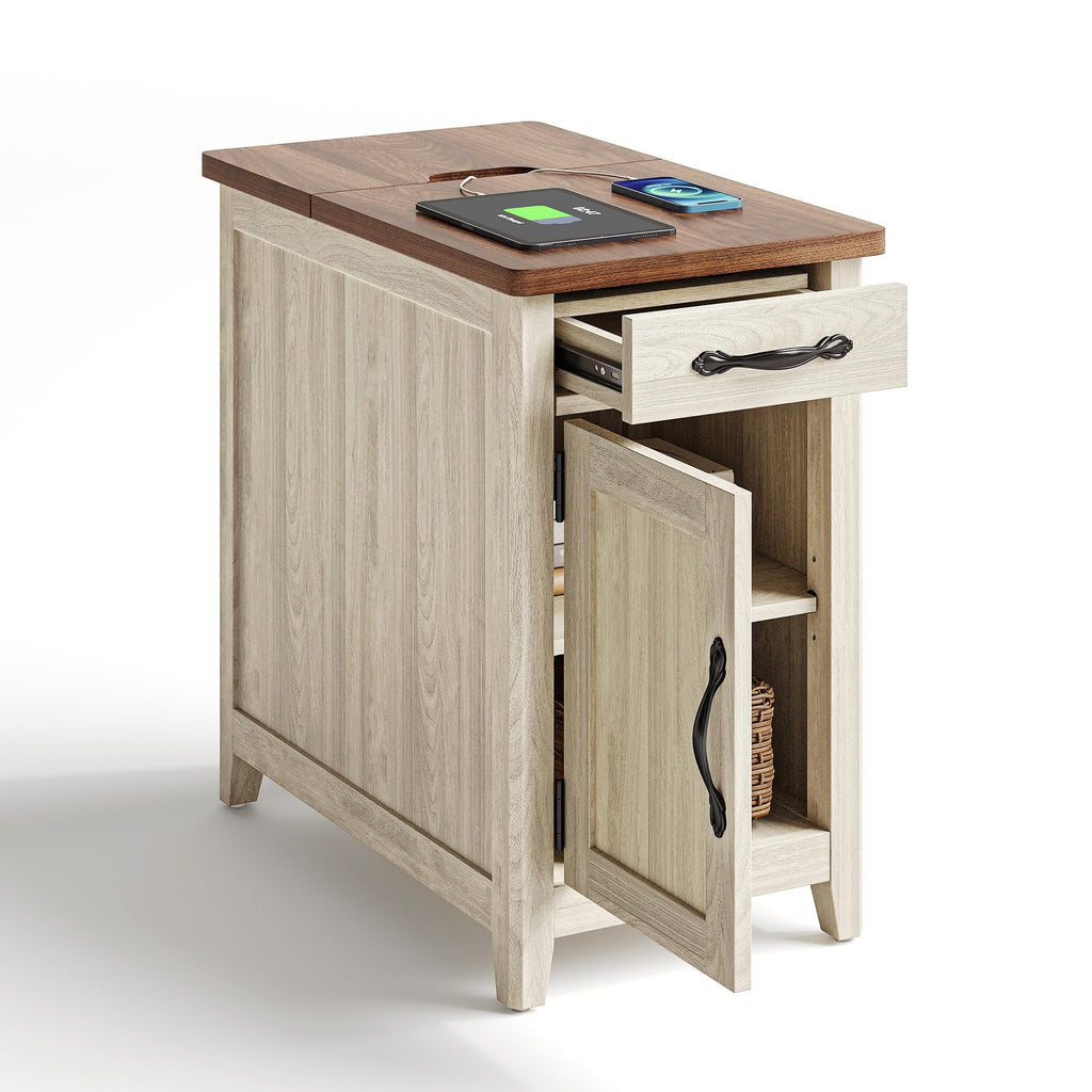 LINSY HOME End Table with Charging Station, Modern Farmhouse Wooden Side Table with Drawer, Detachable Holder, Extra Storage & Display Space, for Living Room and Bedroom, Glass Door, Washed Grey