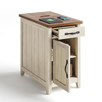 LINSY HOME End Table with Charging Station, Modern Farmhouse Wooden Side Table with Drawer, Detachable Holder, Extra Storage & Display Space, for Living Room and Bedroom, Glass Door, Washed Grey