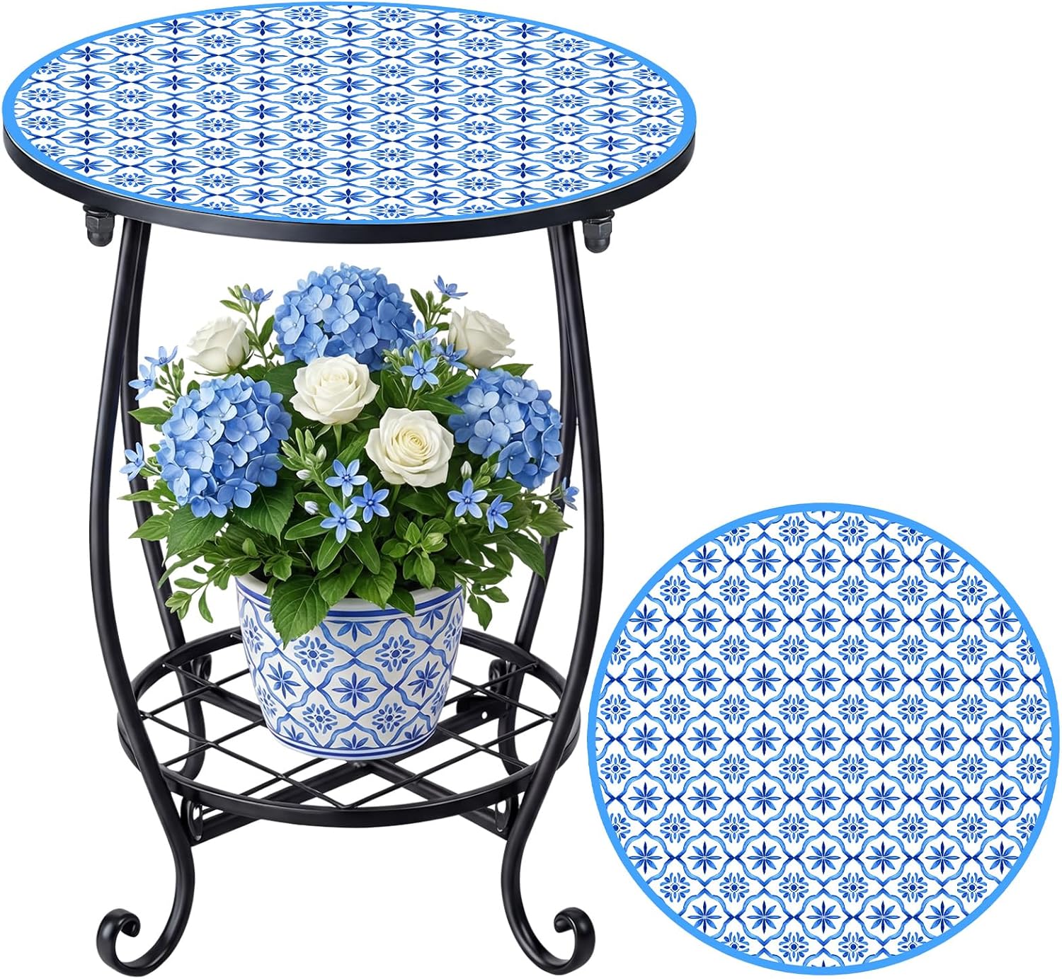 Cinnvoice Outdoor Side Table Round Small Mosaic Patio Accent Indoor End Plant Coffee Tea Table for Yard Patio Porch Garden Living Room, Bedroom(Butterfly Style,14 Inch)