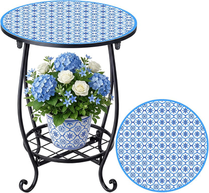 Cinnvoice Outdoor Side Table Round Small Mosaic Patio Accent Indoor End Plant Coffee Tea Table for Yard Patio Porch Garden Living Room, Bedroom(Butterfly Style,14 Inch)