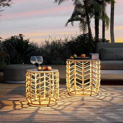 Solar Yard Boho Solar Nesting Tables with Built-in Lights - Set of 2, Weather-Resistant Wicker for Patio, Porch, Garden, Perfect Side Table for Outdoor Living, Natural & Stylish Design