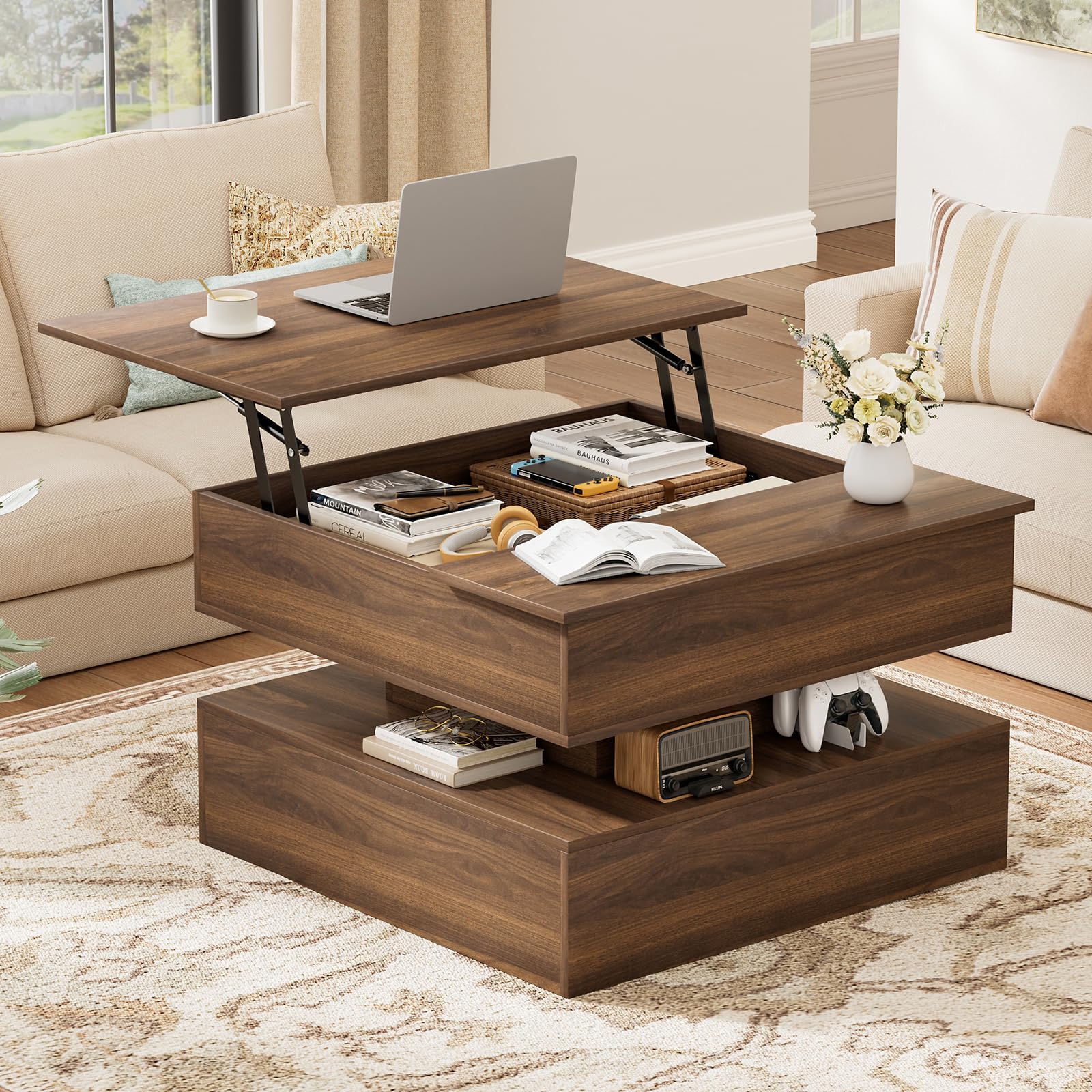 FABATO Lift Top Coffee Table with Storage and Hidden Compartment, Wood Square Coffee Table for Living Room,31.5'' Small Center Table with Open Display Shelf for Dining Reception Room, Black