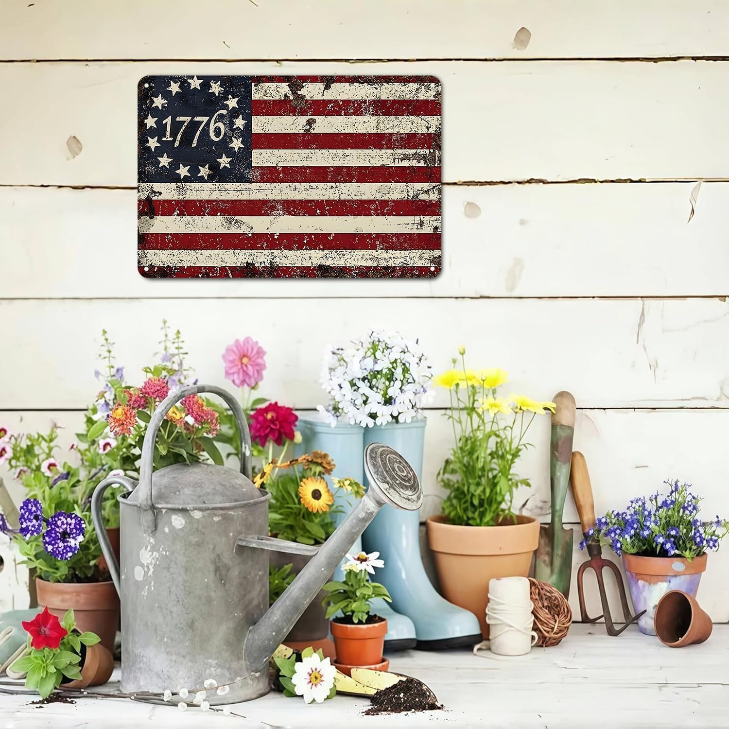Patriotic 1776 Betsy Ross Flag tin sign， Vintage American Revolutionary War Metal Sign Print Aesthetic for Garden Yard Bar Porch Home Bedroom Kitchen Wall Decor Gift 8 x 12 in