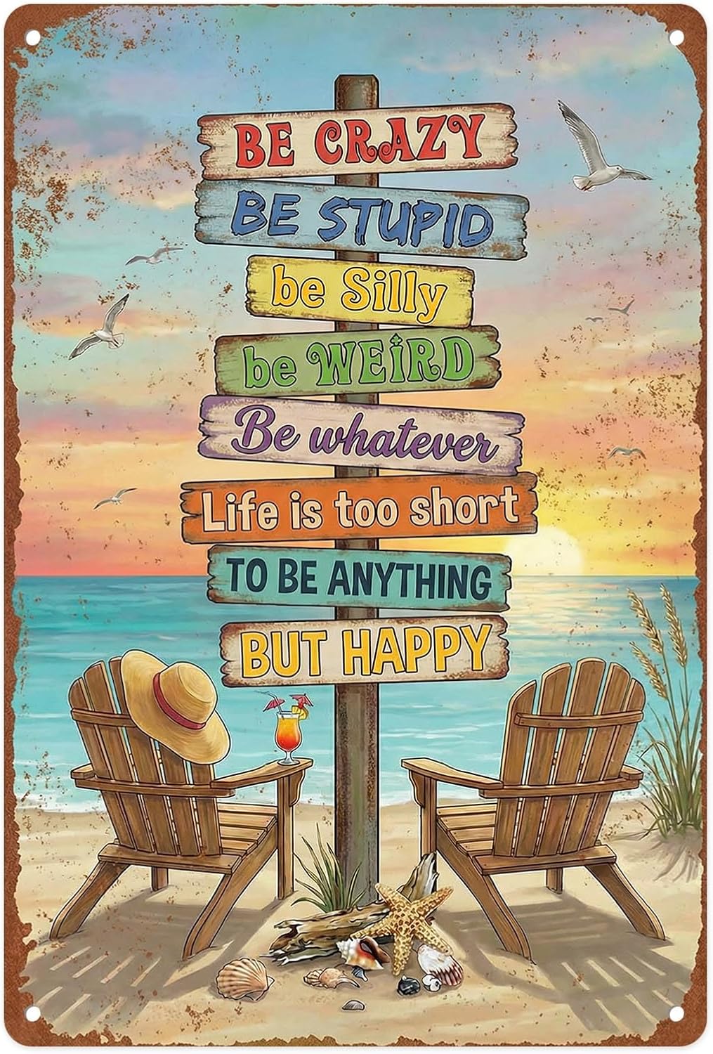 Beach Coastal Tropical Metal Tin Sign Wall Decor, Vintage Inspirational 8x12 Inch Wall Art for Lake House Coastal Beachy Room Cottage Cabin