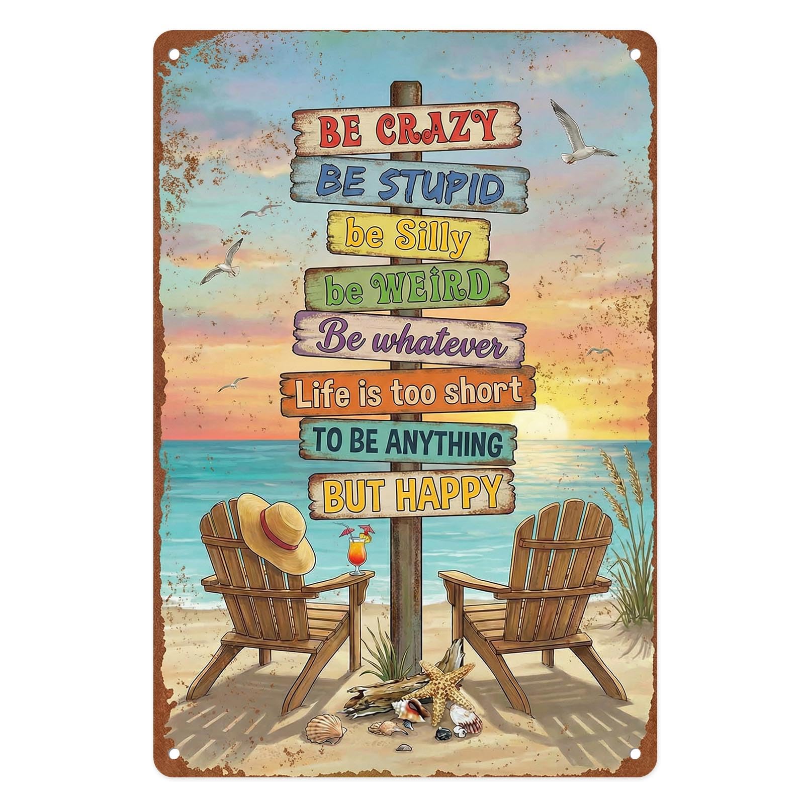 Beach Coastal Tropical Metal Tin Sign Wall Decor, Vintage Inspirational 8x12 Inch Wall Art for Lake House Coastal Beachy Room Cottage Cabin