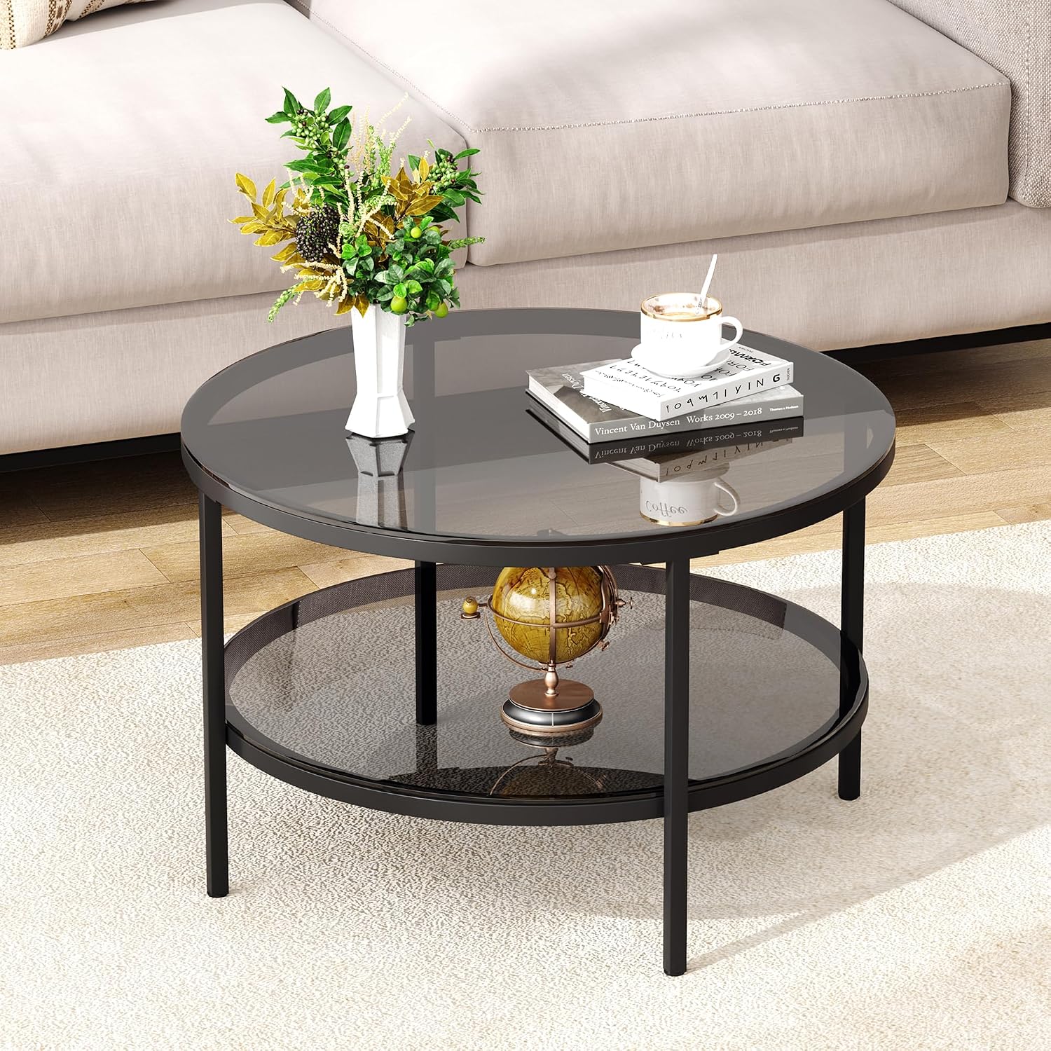Yusong Round Glass Coffee Tables for Living Room, 2-Tier Circle Coffee Table with Storage, 26" Modern Center Accent Table with Light Black Glass, Small End Table for Small Space, Bedroom