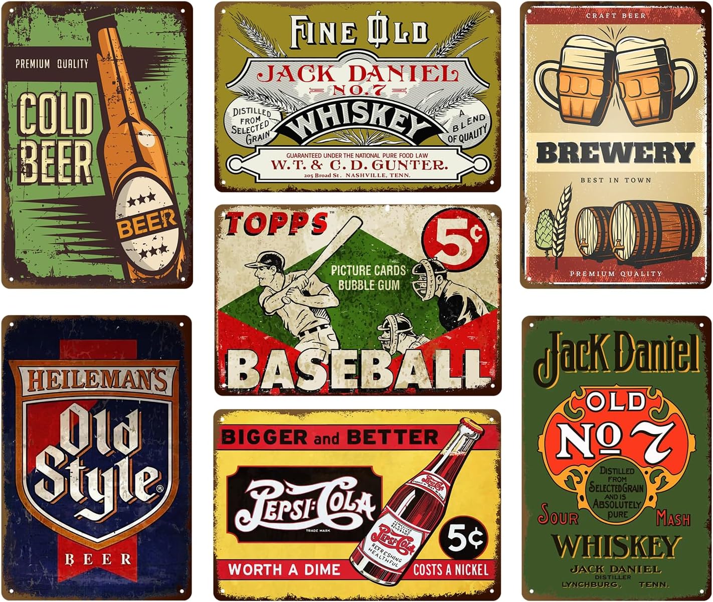 Vintage Beer Signs 7 Pack - Retro Metal Bar Wall Decor for Man Cave Home Garage, 8x12 Inch Tin Signs for Pub Club Room, Farmhouse Rustic Wall Art Gift for Men Women Housewarming