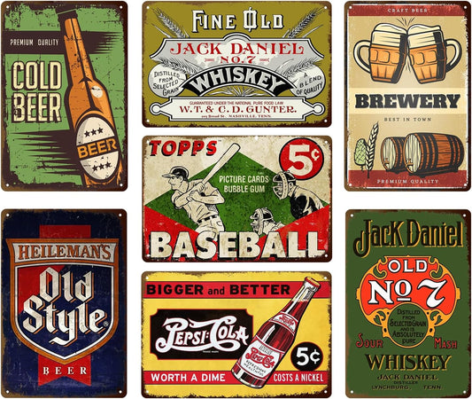 Vintage Beer Signs 7 Pack - Retro Metal Bar Wall Decor for Man Cave Home Garage, 8x12 Inch Tin Signs for Pub Club Room, Farmhouse Rustic Wall Art Gift for Men Women Housewarming