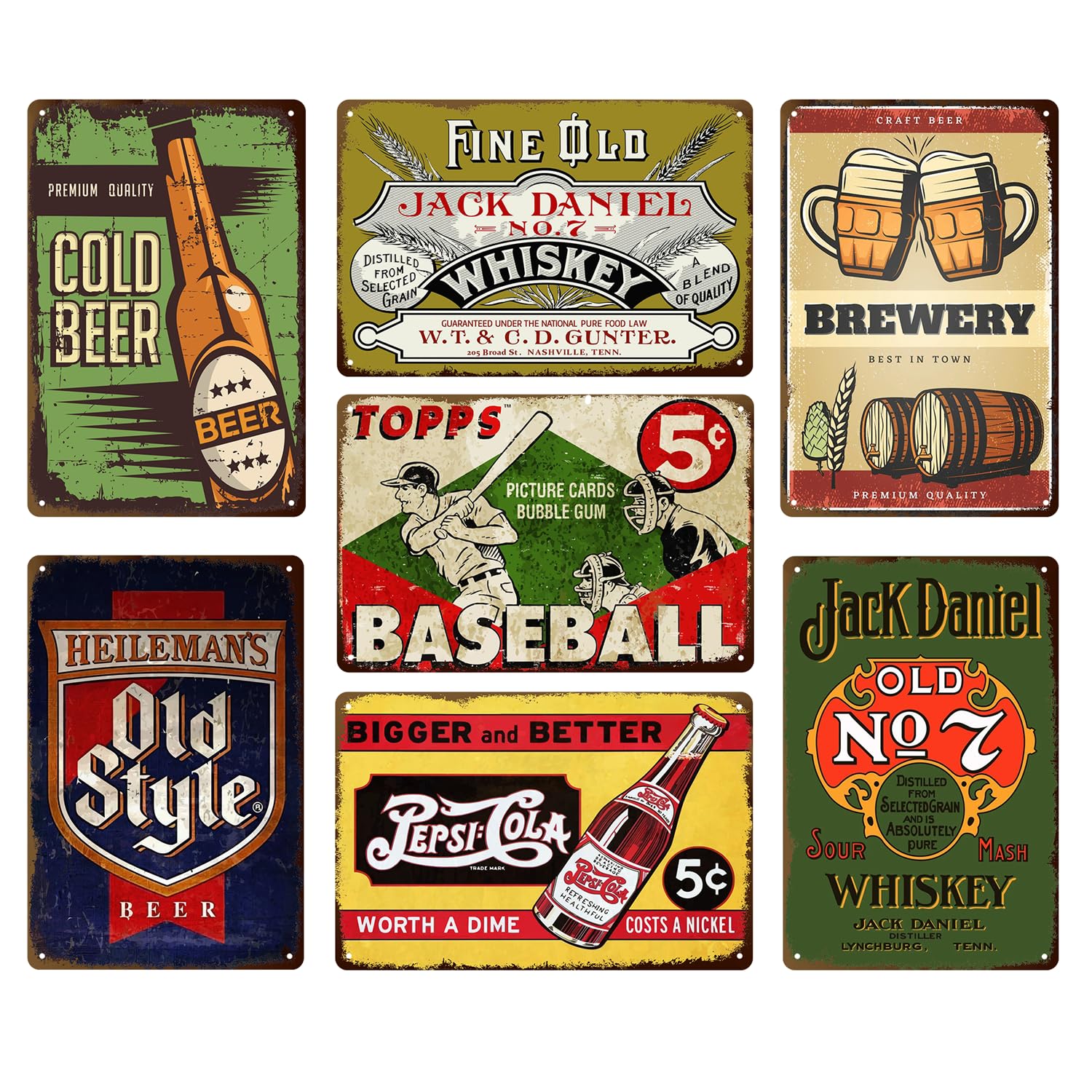 Vintage Beer Signs 7 Pack - Retro Metal Bar Wall Decor for Man Cave Home Garage, 8x12 Inch Tin Signs for Pub Club Room, Farmhouse Rustic Wall Art Gift for Men Women Housewarming