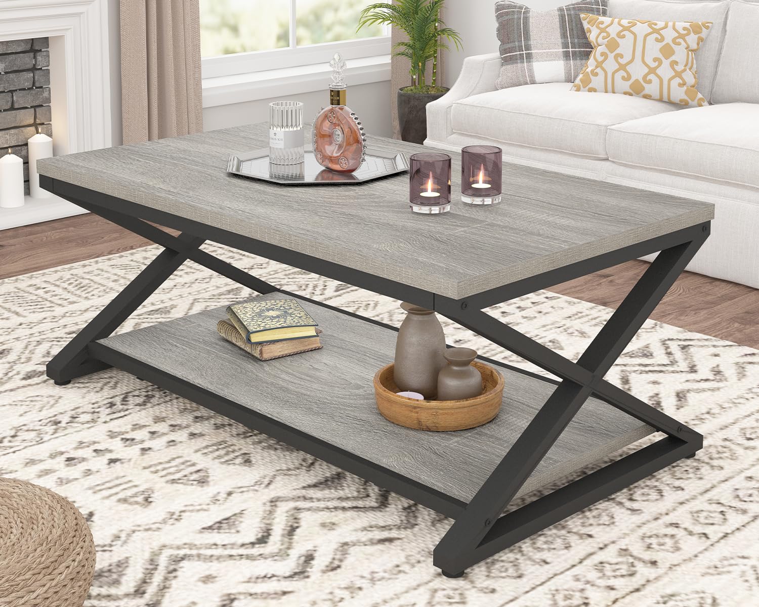 HSH Rustic Coffee Table with Storage Shelf, Industrial Metal Wood Living Room Table, Farmhouse Minimalist Rectangle Center Table, Vintage Simple 2 Tier Cocktail Tea Table, Rustic Brown, 47 Inch