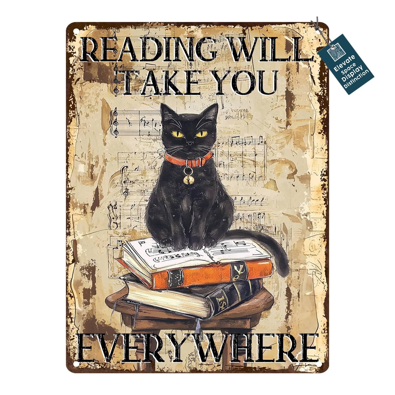 Black Cat Reading Vintage Metal Sign Reading Will Take You Everywhere Retro Wall Decor for Library Book Home Bedroom Office Decoration 8x12inch